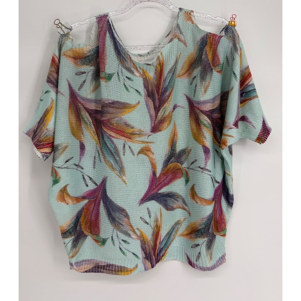 Luisa Ricci Italy Cold Shoulder Tropical Floral Knit Top Mint Green Sz L
